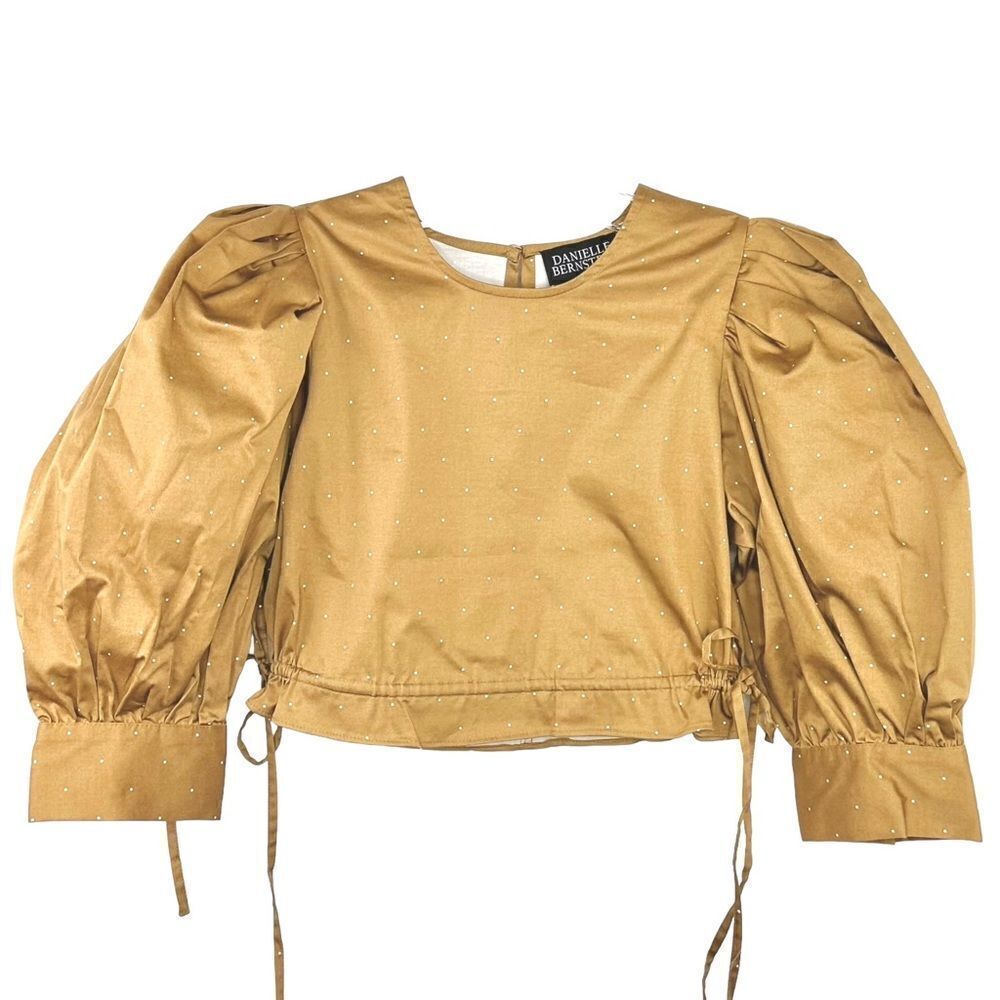 Danielle Bernstein puffed sleeve tan/gold cropped top white dots S.